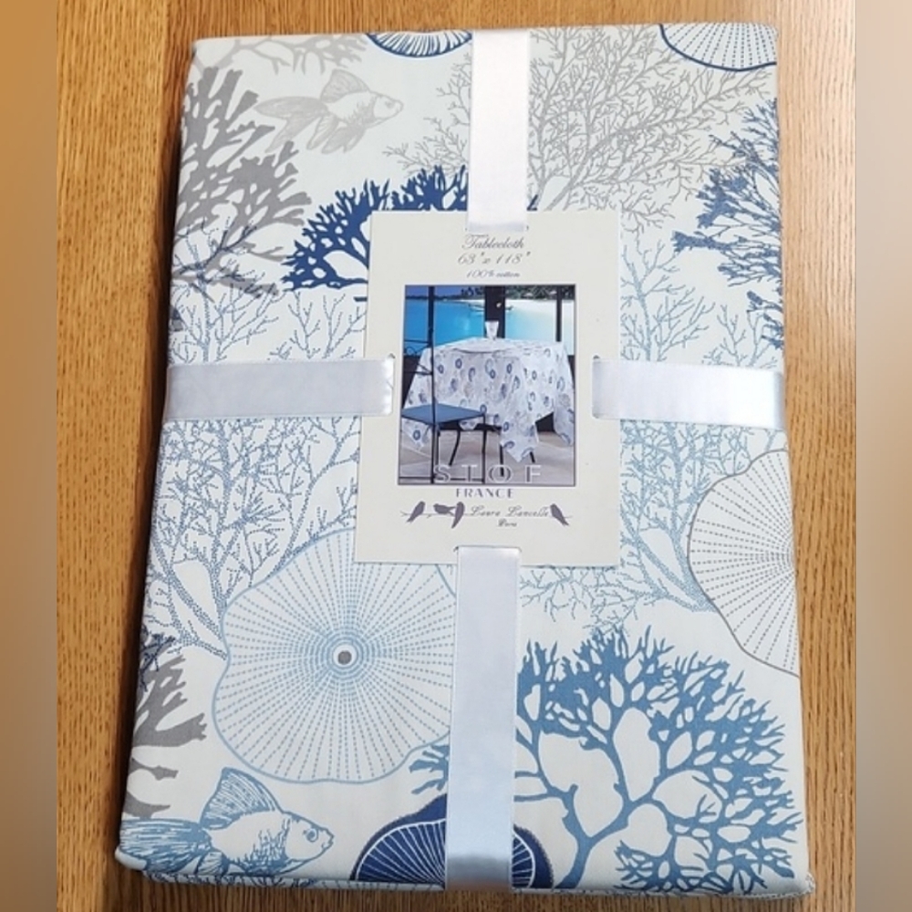 STOF France Laura Lancelle Paris Blue & Taupe Fish & Sand Dollar Tablecloth